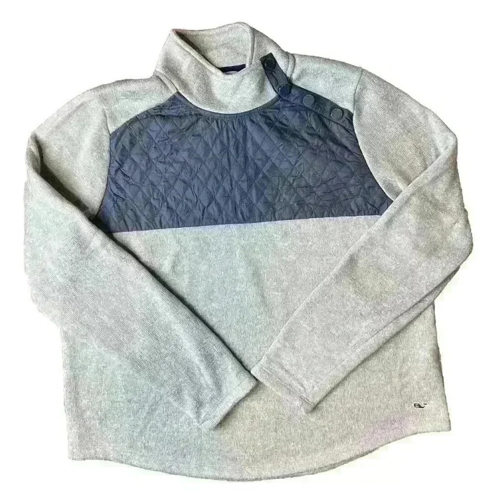 Vineyard Vines Mixed Media Quilted Sweater Pullover Size Large Gray/Navy